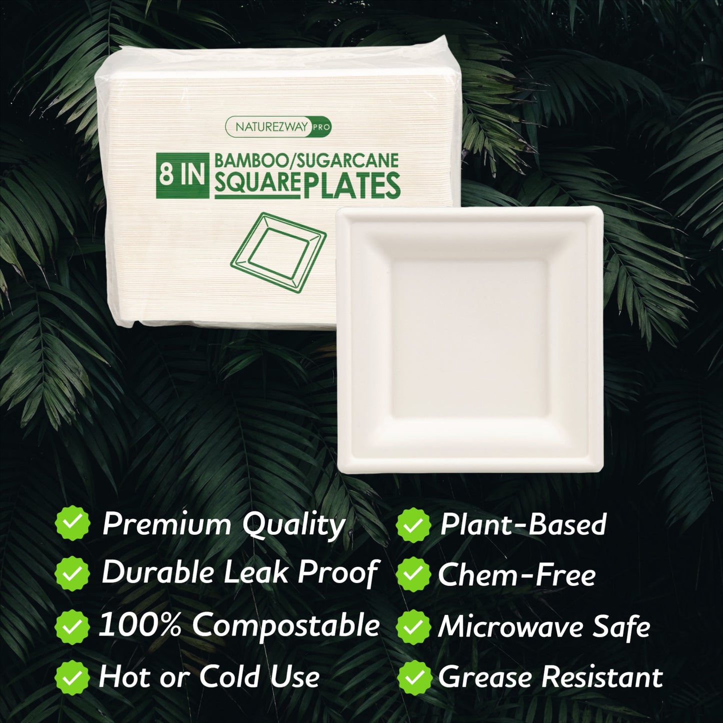 Eco-Friendly 125 PACK 8” Inch Square Bamboo Plates – Compostable & Sustainable