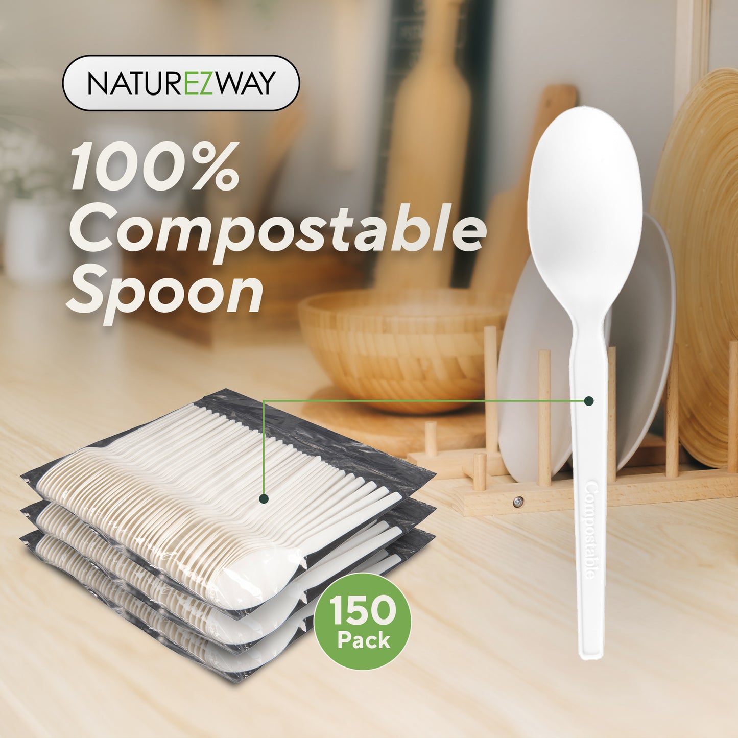 Eco-Friendly 100% Compostable Spoons – 150 Pack | Eco Friendly Disposable Utensil Set – Compostable & Sustainable