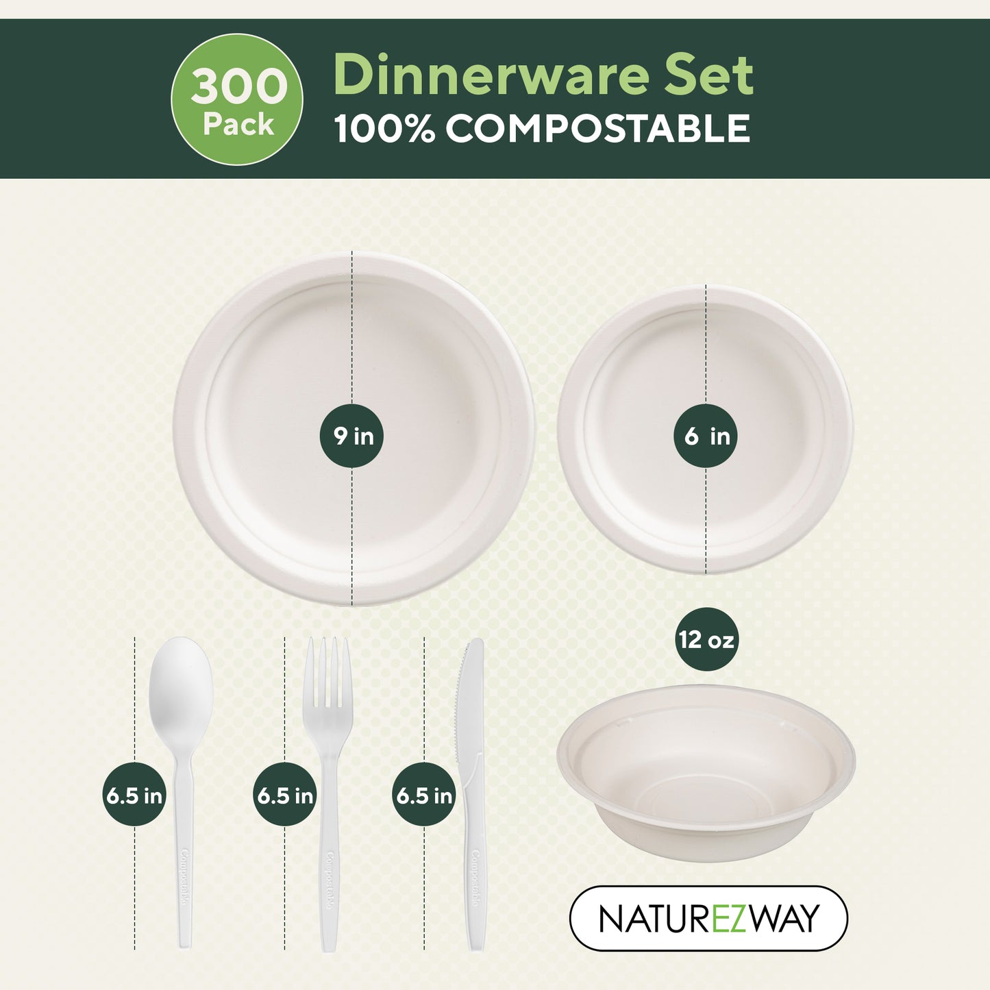 Eco-Friendly Naturezway 300 Piece Bamboo Compostable Tableware Set | Eco Friendly Plates, Bowls, Cups & Utensils – Compostable & Sustainable