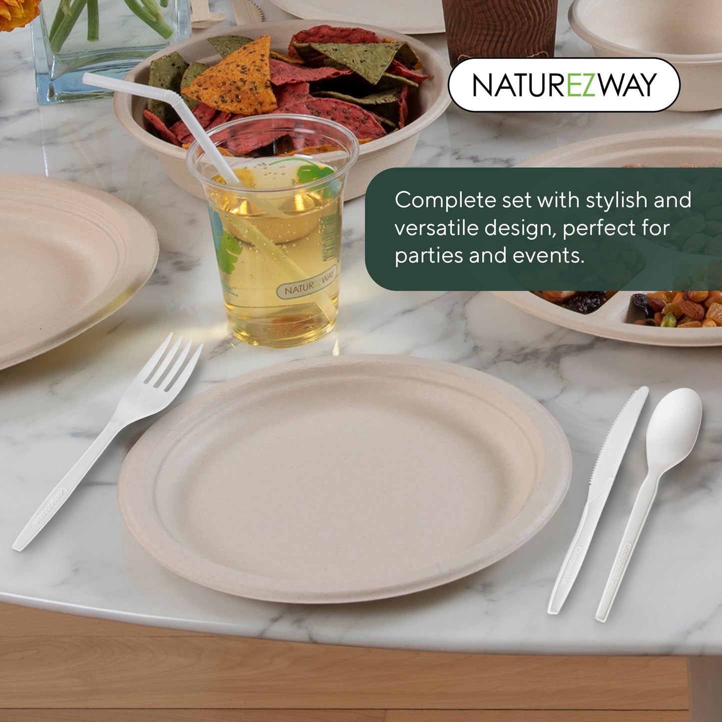 Eco-Friendly Naturezway 300 Piece Bamboo Compostable Tableware Set | Eco Friendly Plates, Bowls, Cups & Utensils – Compostable & Sustainable