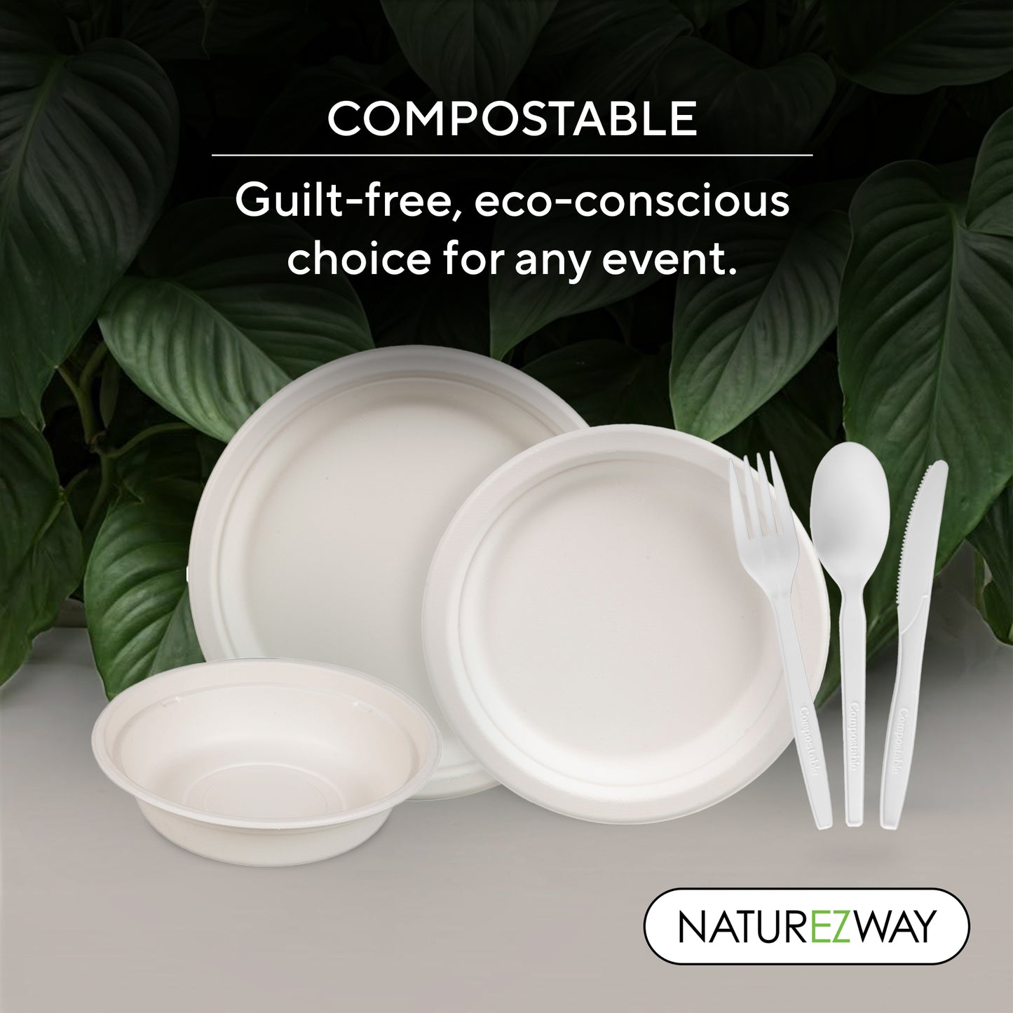 Eco-Friendly Naturezway 300 Piece Bamboo Compostable Tableware Set | Eco Friendly Plates, Bowls, Cups & Utensils – Compostable & Sustainable