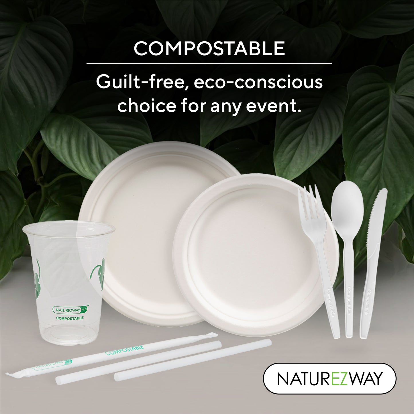 Eco-Friendly Naturezway 350 Piece Bamboo Compostable Tableware Set | Eco Friendly Plates, Cups & Utensils – Compostable & Sustainable