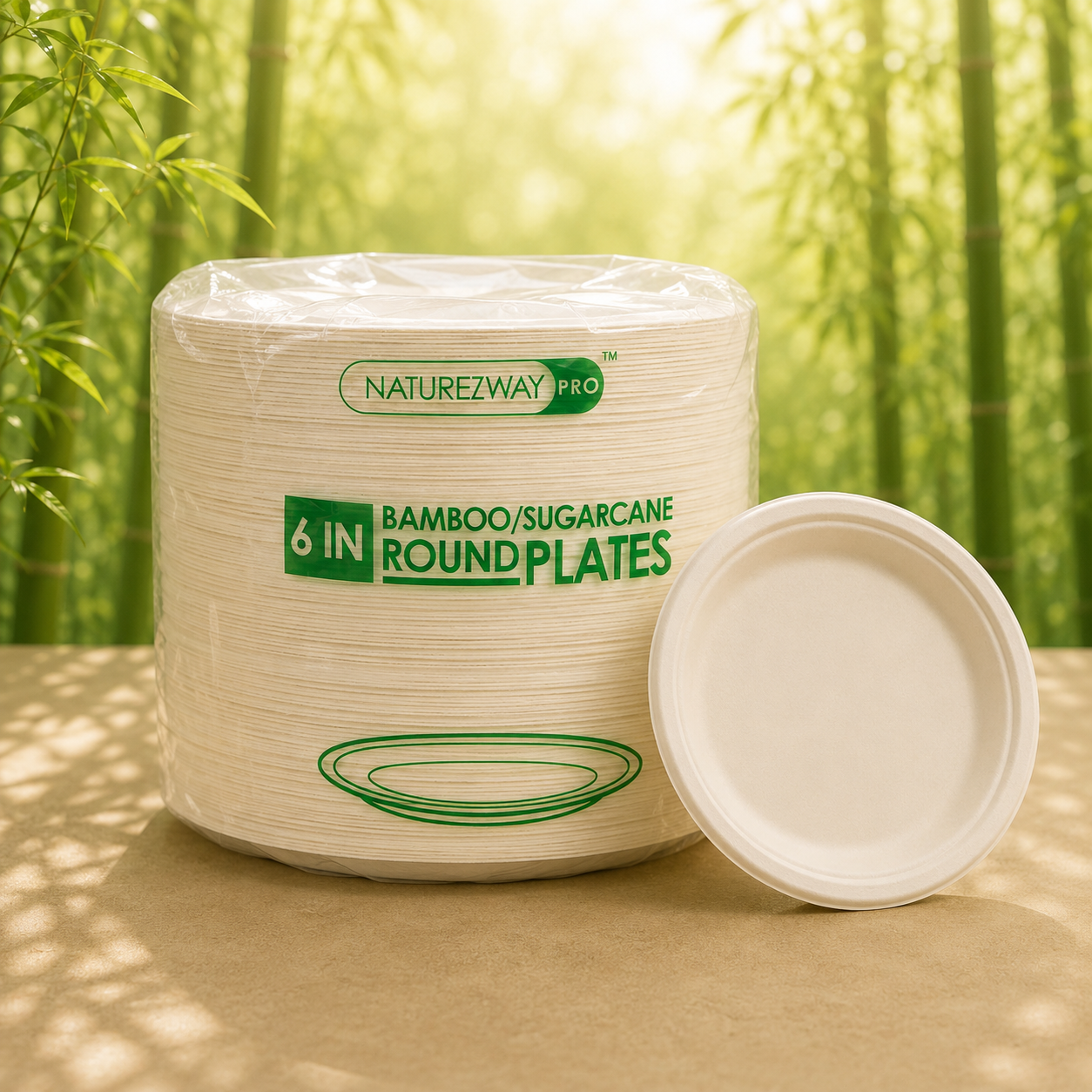 Eco-Friendly 125 Pack 6" Inch Bamboo Round Plates – Compostable & Sustainable
