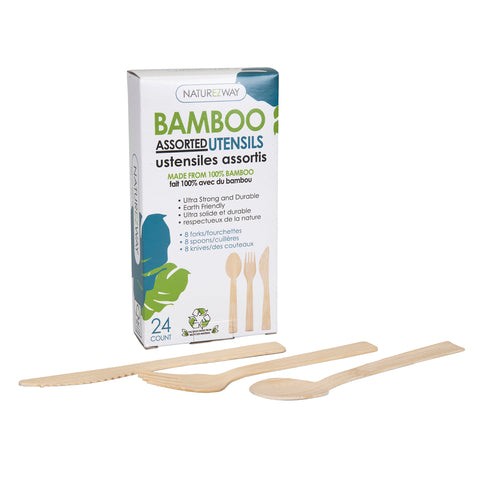 (24 PACK) Bamboo Assorted Cutlery 8 Forks/8 Spoons/8 Knives