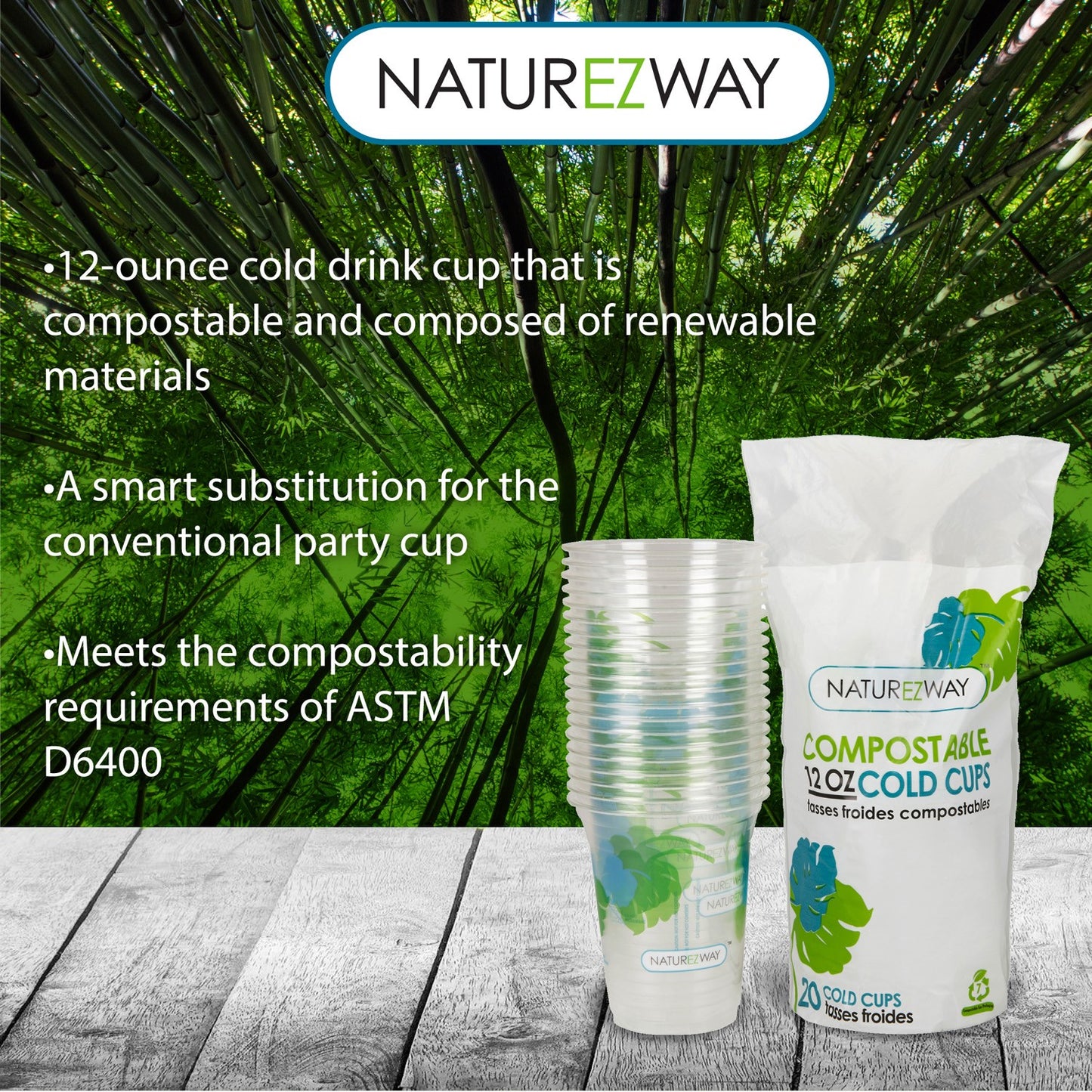 (20 PACK) 12 oz. Compostable Disposable Cold Cups