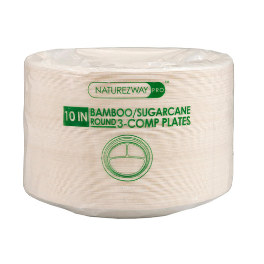 Eco-Friendly 125 PACK 10” Inch Bamboo Round 3 Comp. Plates – Compostable & Sustainable