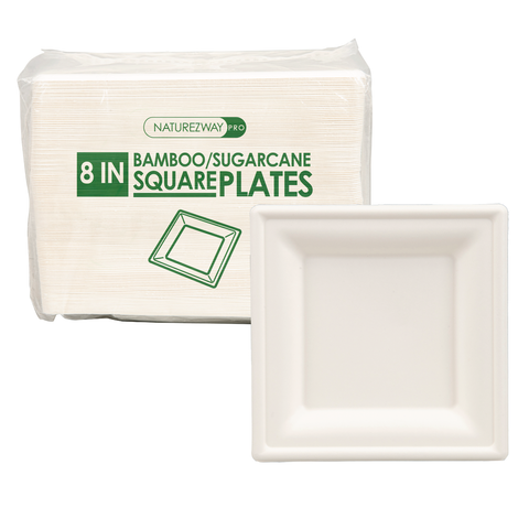 (125 PACK) 8” Inch Square Bamboo Plates