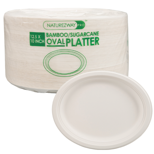 Eco-Friendly 125 PACK 12.5" x 10" Inch Bamboo Oval Plates 3 Comp – Compostable & Sustainable