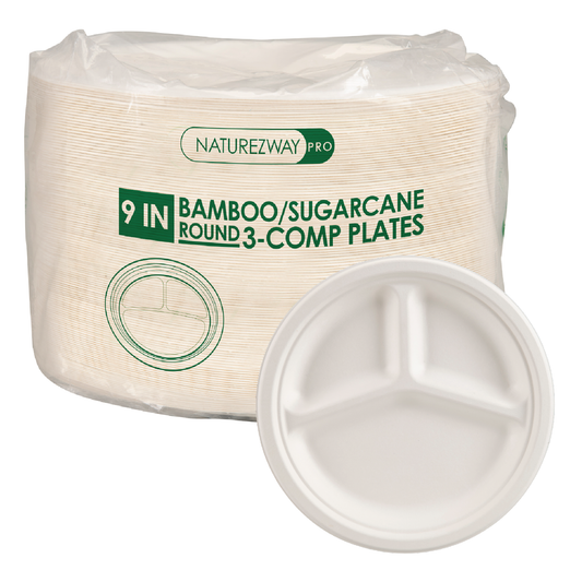 Eco-Friendly 125 PACK 9" Inch Bamboo Round Plates 3 Comp – Compostable & Sustainable