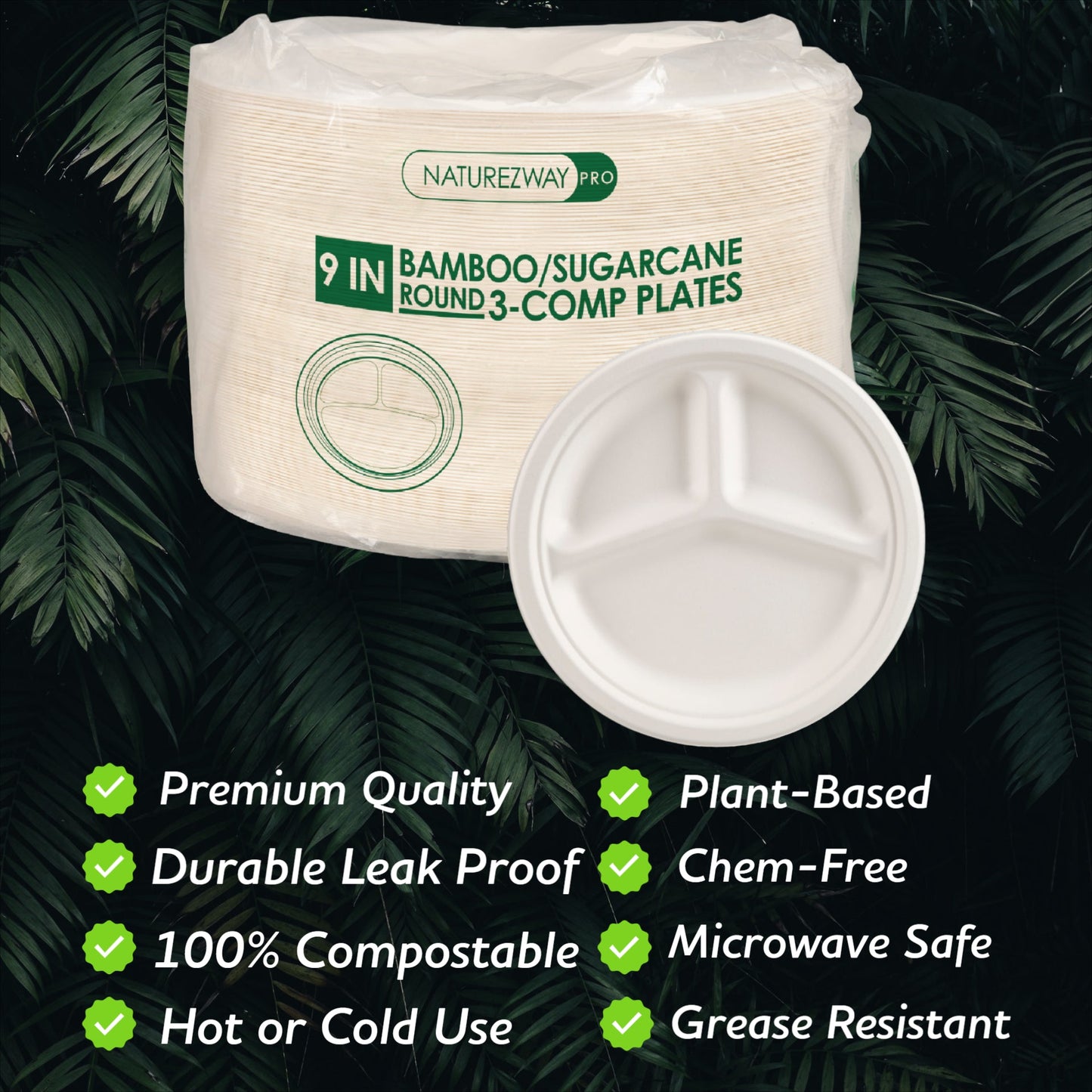 Eco-Friendly 125 PACK 9" Inch Bamboo Round Plates 3 Comp – Compostable & Sustainable