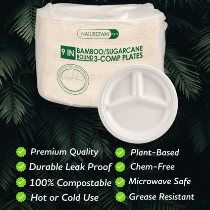 Eco-Friendly 125 PACK 9" Inch Bamboo Round Plates 3 Comp – Compostable & Sustainable