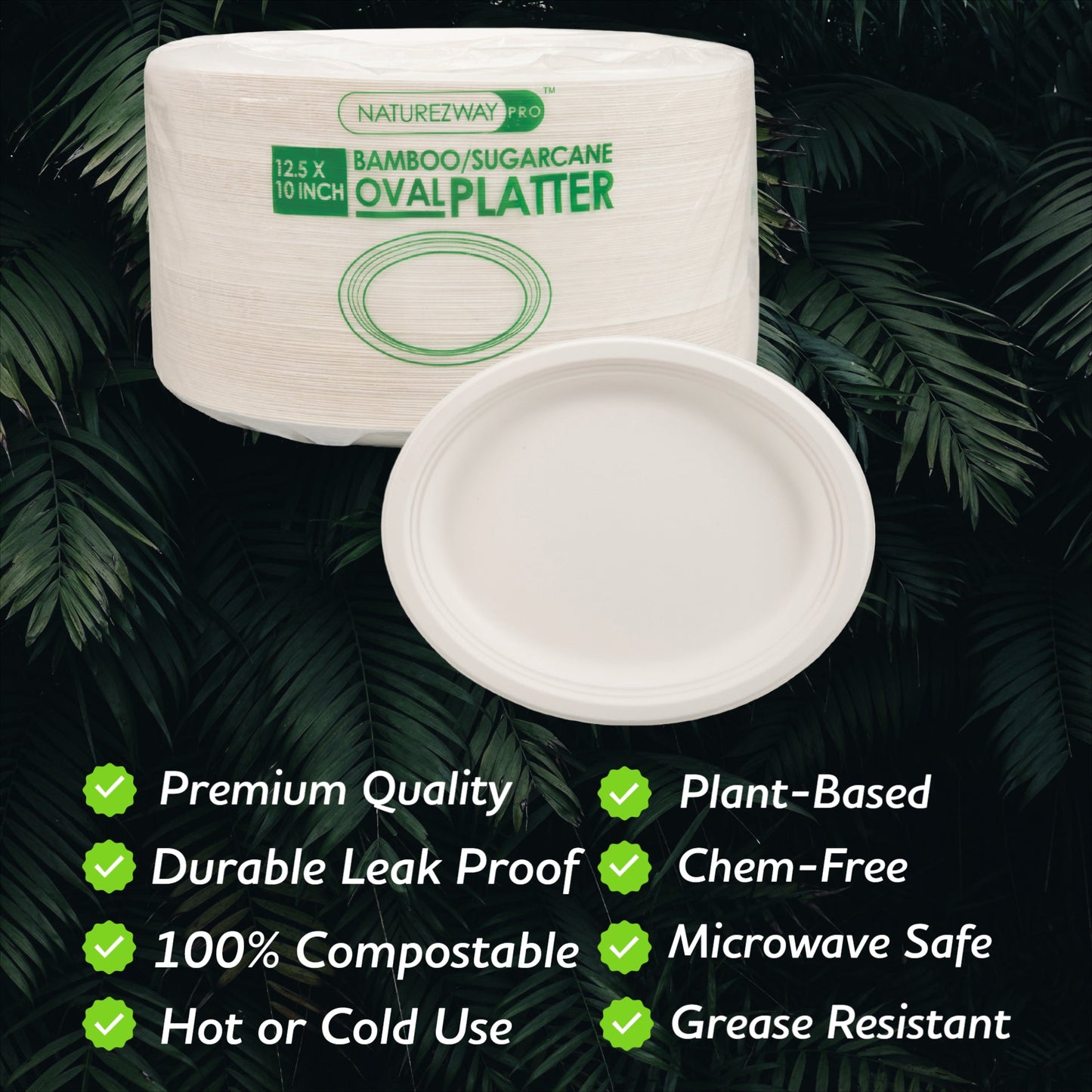 Eco-Friendly 125 PACK 12.5" x 10" Inch Bamboo Oval Plates 3 Comp – Compostable & Sustainable