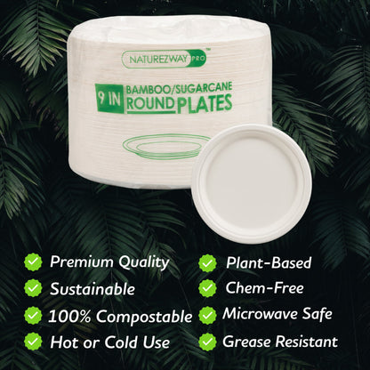 Eco-Friendly 125 PACK 9" Inch Bamboo Round Plates – Compostable & Sustainable