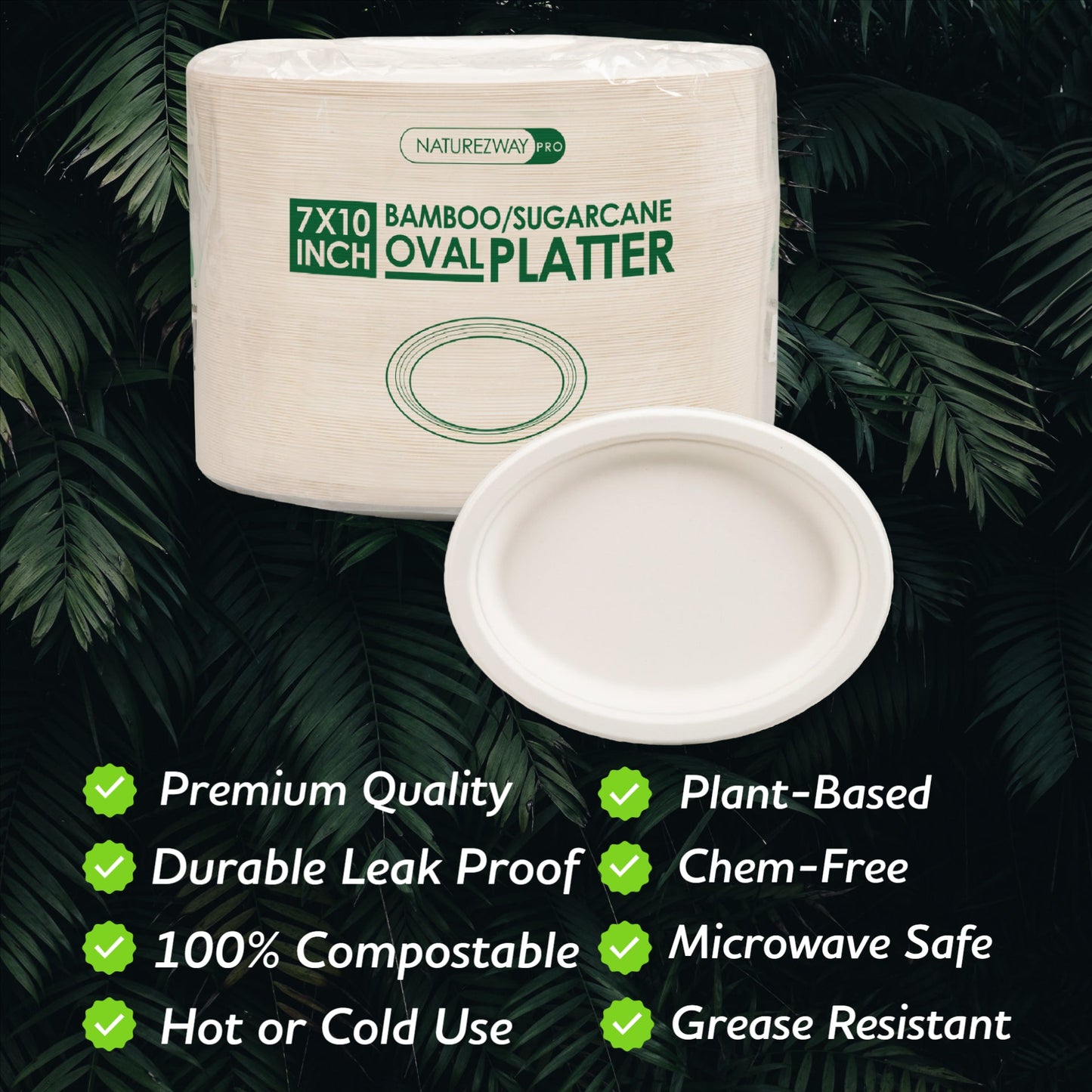 Eco-Friendly 125 PACK 7”x10" Inch Bamboo Round Platter – Compostable & Sustainable