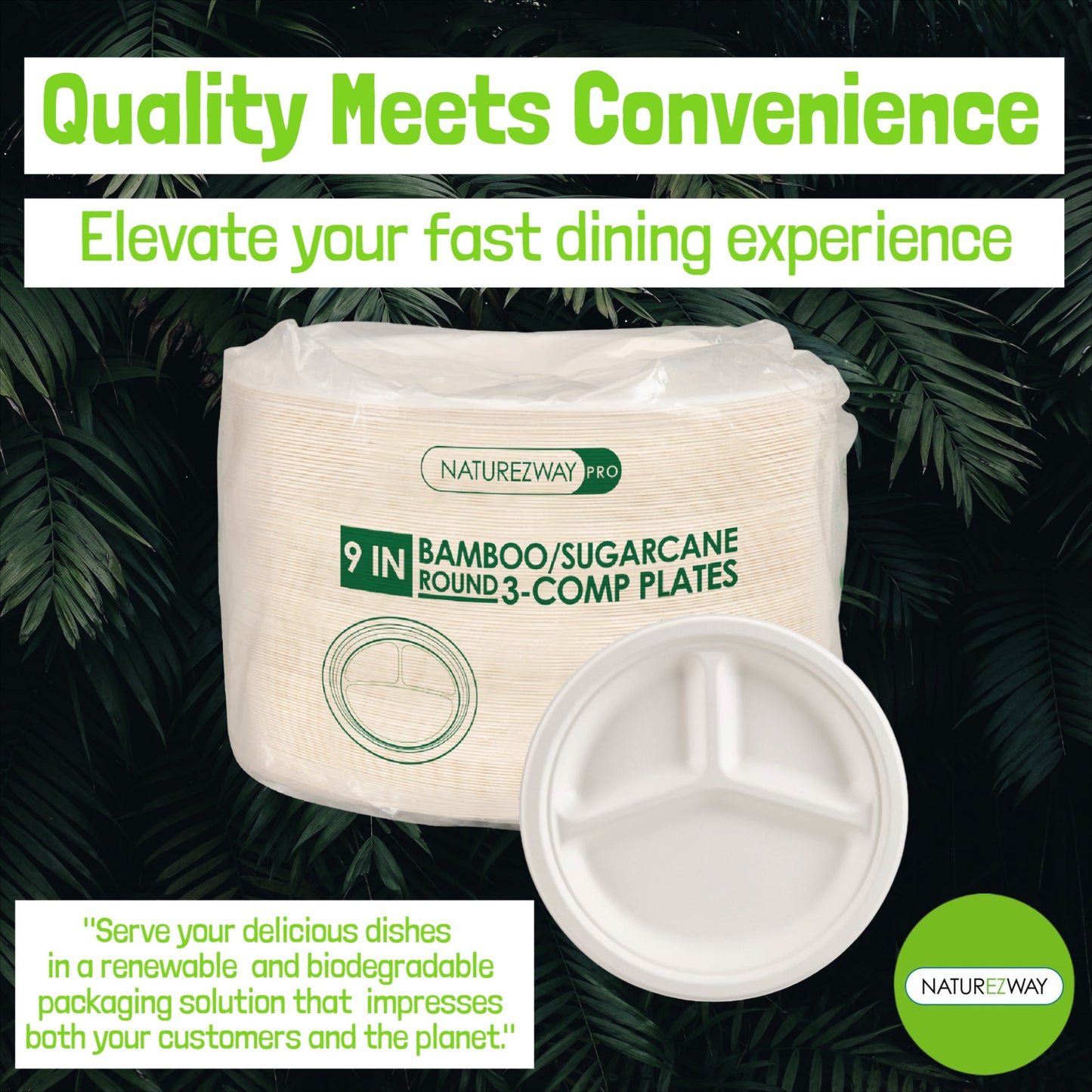 Eco-Friendly 125 PACK 9" Inch Bamboo Round Plates 3 Comp – Compostable & Sustainable