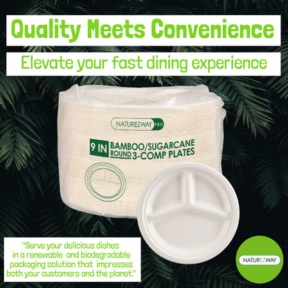 Eco-Friendly 125 PACK 9" Inch Bamboo Round Plates 3 Comp – Compostable & Sustainable