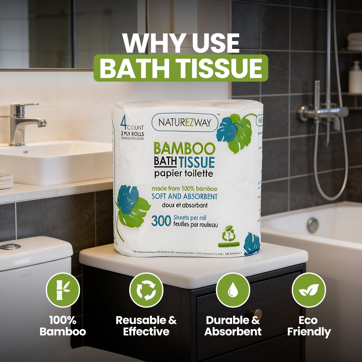 Eco-Friendly 2-Ply Toilet Paper – Compostable Bamboo Tissue Rolls