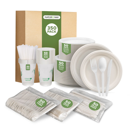 Eco-Friendly Naturezway 350 Piece Bamboo Compostable Tableware Set | Eco Friendly Plates, Cups & Utensils – Compostable & Sustainable