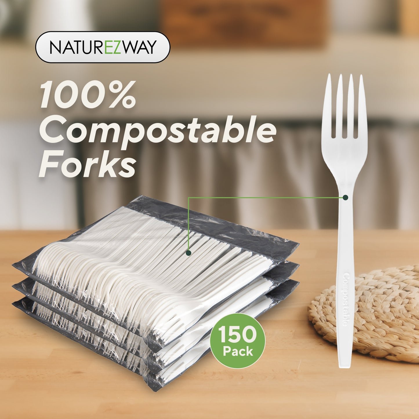 Eco-Friendly 100% Compostable Forks 150 Pack – Eco Friendly Disposable Utensils – Compostable & Sustainable