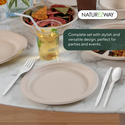 Eco-Friendly Naturezway 300 Piece Bamboo Compostable Tableware Set | Eco Friendly Plates, Bowls, Cups & Utensils – Compostable & Sustainable