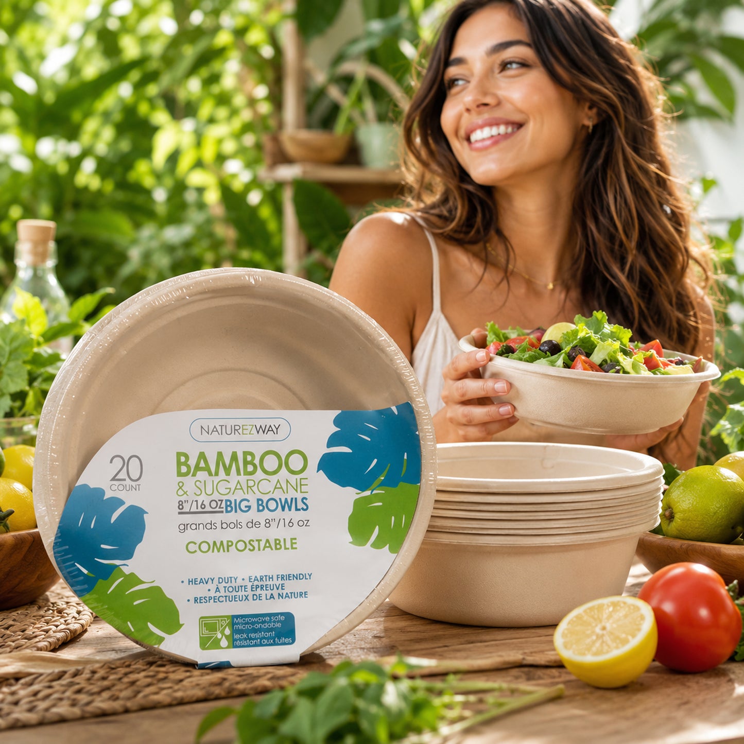 Eco-Friendly 20 PACK 8" Inch Bamboo 16 OZ. Round Bowls – Compostable & Sustainable