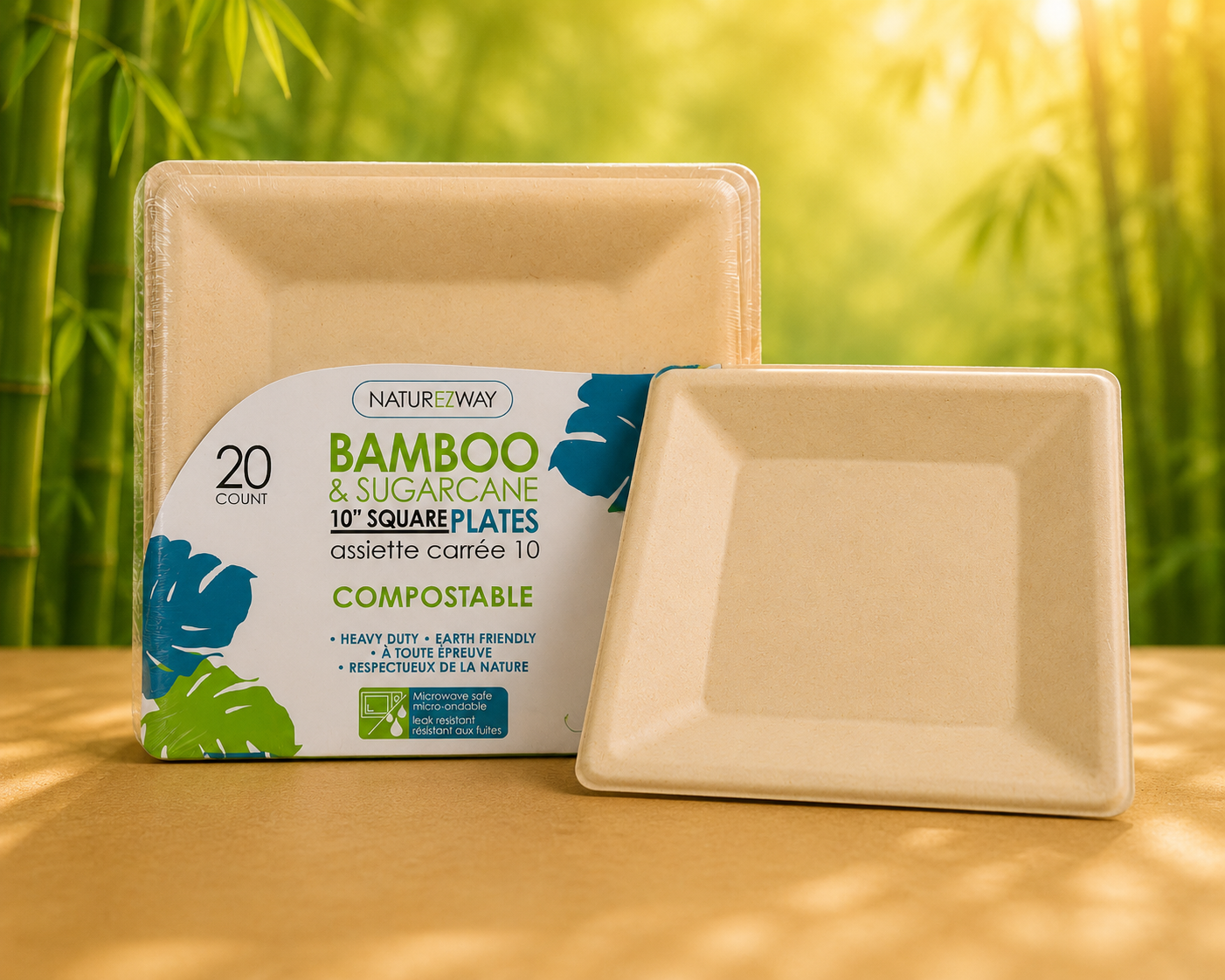 Eco-Friendly 20 PACK 10" Inch Bamboo Square Plates – Compostable & Sustainable