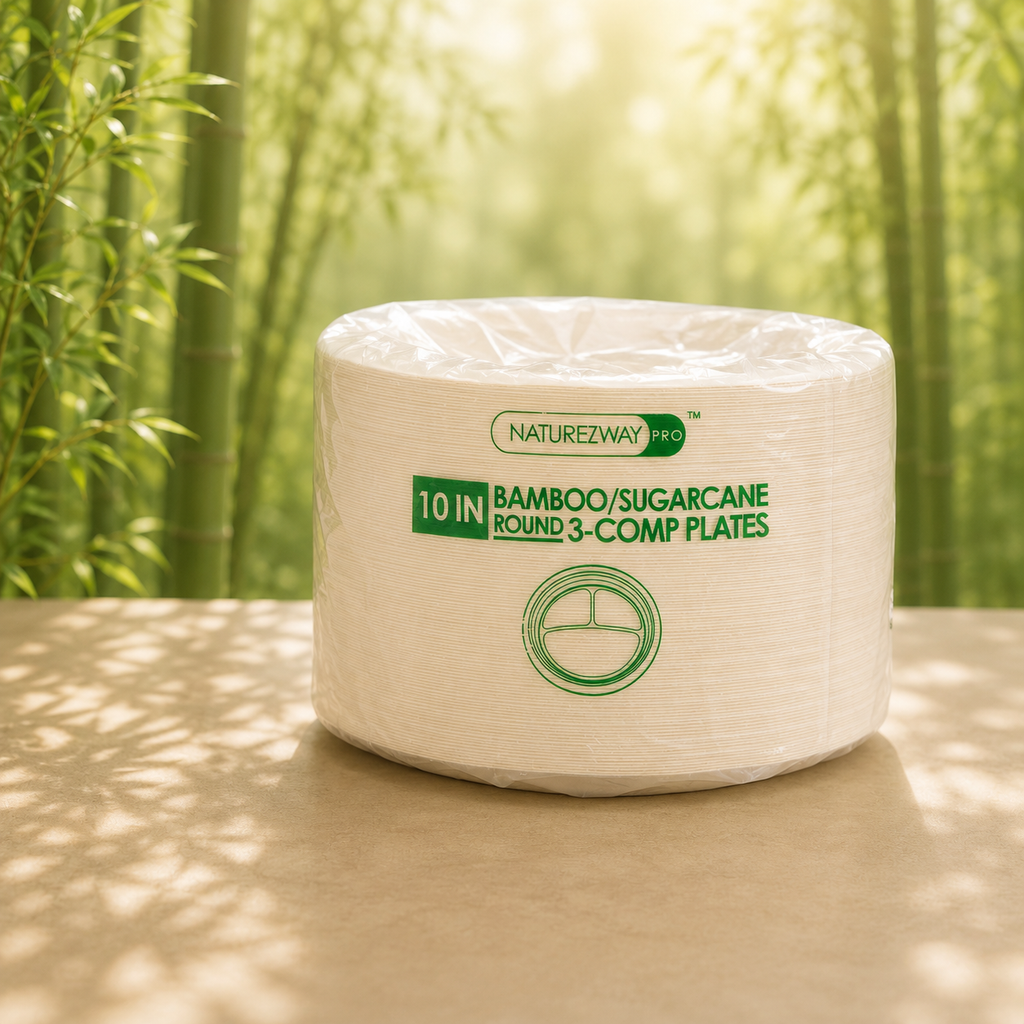 Eco-Friendly 125 PACK 10” Inch Bamboo Round 3 Comp. Plates – Compostable & Sustainable
