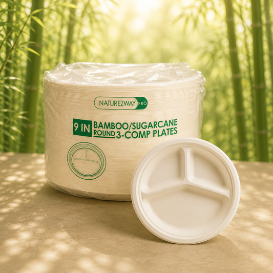 Eco-Friendly 125 PACK 9" Inch Bamboo Round Plates 3 Comp – Compostable & Sustainable