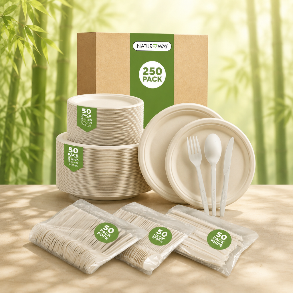 Eco-Friendly Naturezway 250 Piece Bamboo Compostable Tableware Set | Eco Friendly Plates & Utensils – Compostable & Sustainable
