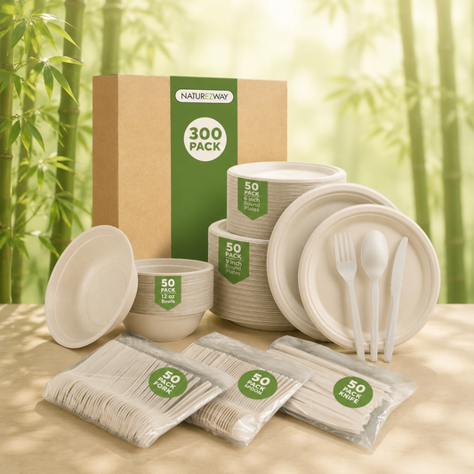 Eco-Friendly Naturezway 300 Piece Bamboo Compostable Tableware Set | Eco Friendly Plates, Bowls, Cups & Utensils – Compostable & Sustainable