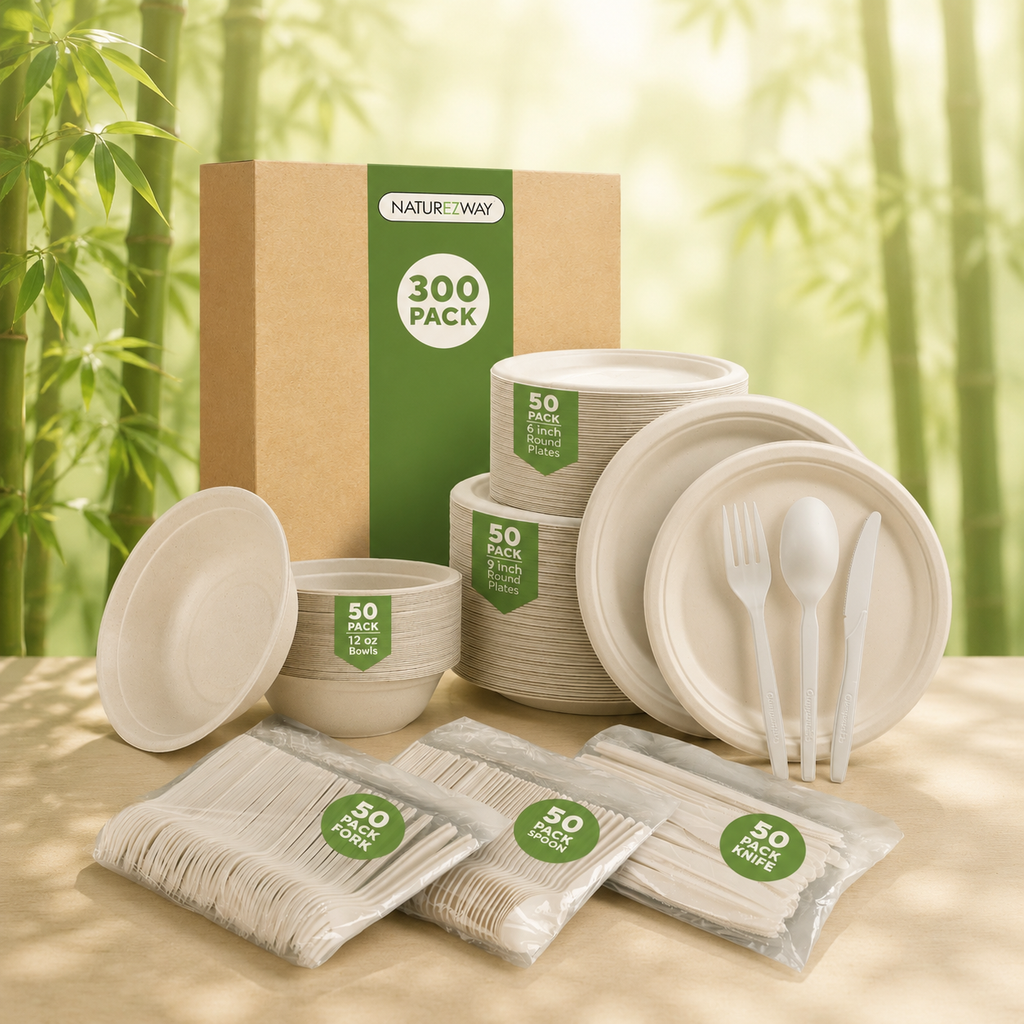 Eco-Friendly Naturezway 300 Piece Bamboo Compostable Tableware Set | Eco Friendly Plates, Bowls, Cups & Utensils – Compostable & Sustainable