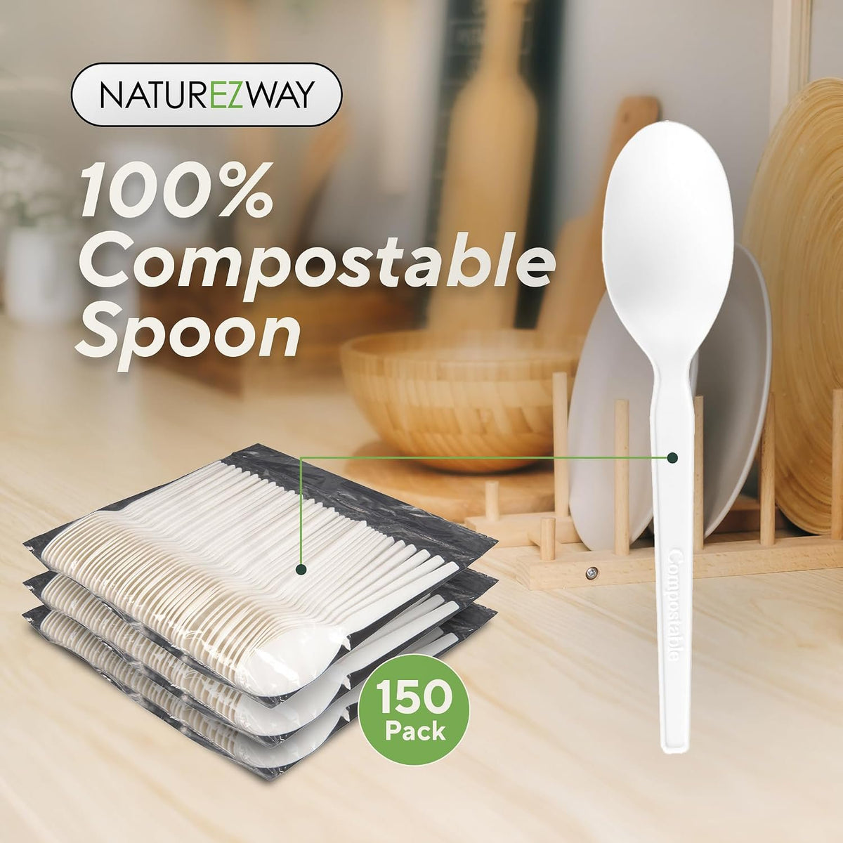 NatureZway 100% Compostable Forks - Pack of 150 - Eco-Friendly Disposable Cutlery, Sturdy & Durable Utensils for Parties, Picnics, and Everyday Use, Tree Free, Heat Resistant