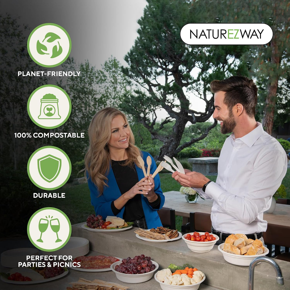 NatureZway 300-Piece Compostable Bamboo Dinnerware Set - Eco-Friendly Plates, Bowls, Cups & Utensils for Weddings, Parties & Events