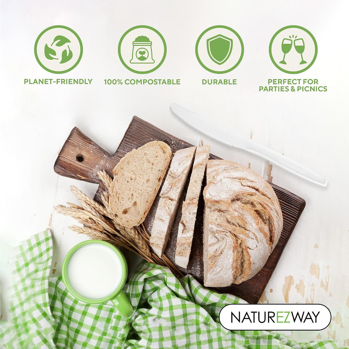 NatureZway 100% Compostable Knives - Pack of 150 - Eco-Friendly Disposable Cutlery, Sturdy & Durable, Utensils for Parties, Picnics, and Everyday Use, Tree Free, Heat-Resistant