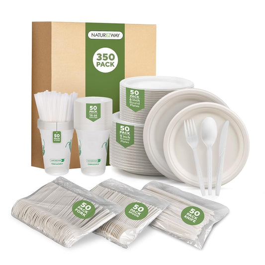 NatureZway Compostable Bamboo Dinnerware, 350 Pieces - Eco-Friendly & 100% Natural Disposable Plates, Utensils & Cups for Parties, Weddings & Birthdays, Sturdy, Sustainable, and Stylish