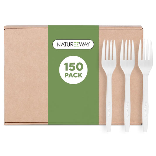 NatureZway 100% Compostable Forks - Pack of 150 - Eco-Friendly Disposable Cutlery, Sturdy & Durable Utensils for Parties, Picnics, and Everyday Use, Tree Free, Heat Resistant