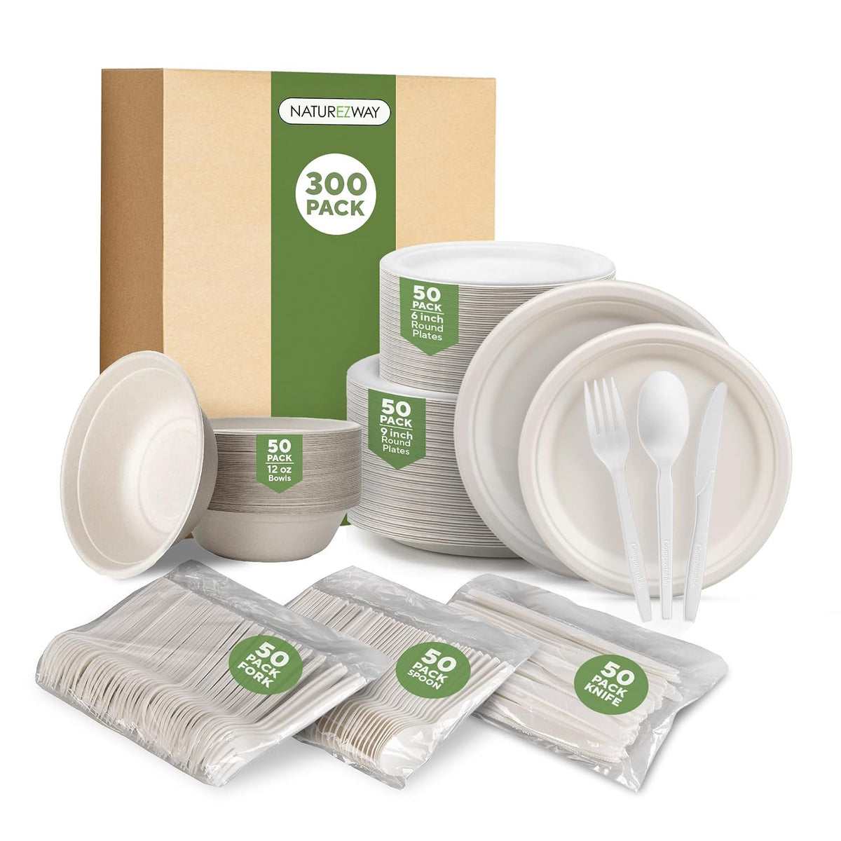 NatureZway 300-Piece Compostable Bamboo Dinnerware Set - Eco-Friendly Plates, Bowls, Cups & Utensils for Weddings, Parties & Events