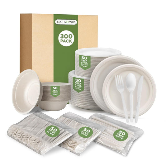 NatureZway 300-Piece Compostable Bamboo Dinnerware Set - Eco-Friendly Plates, Bowls, Cups & Utensils for Weddings, Parties & Events