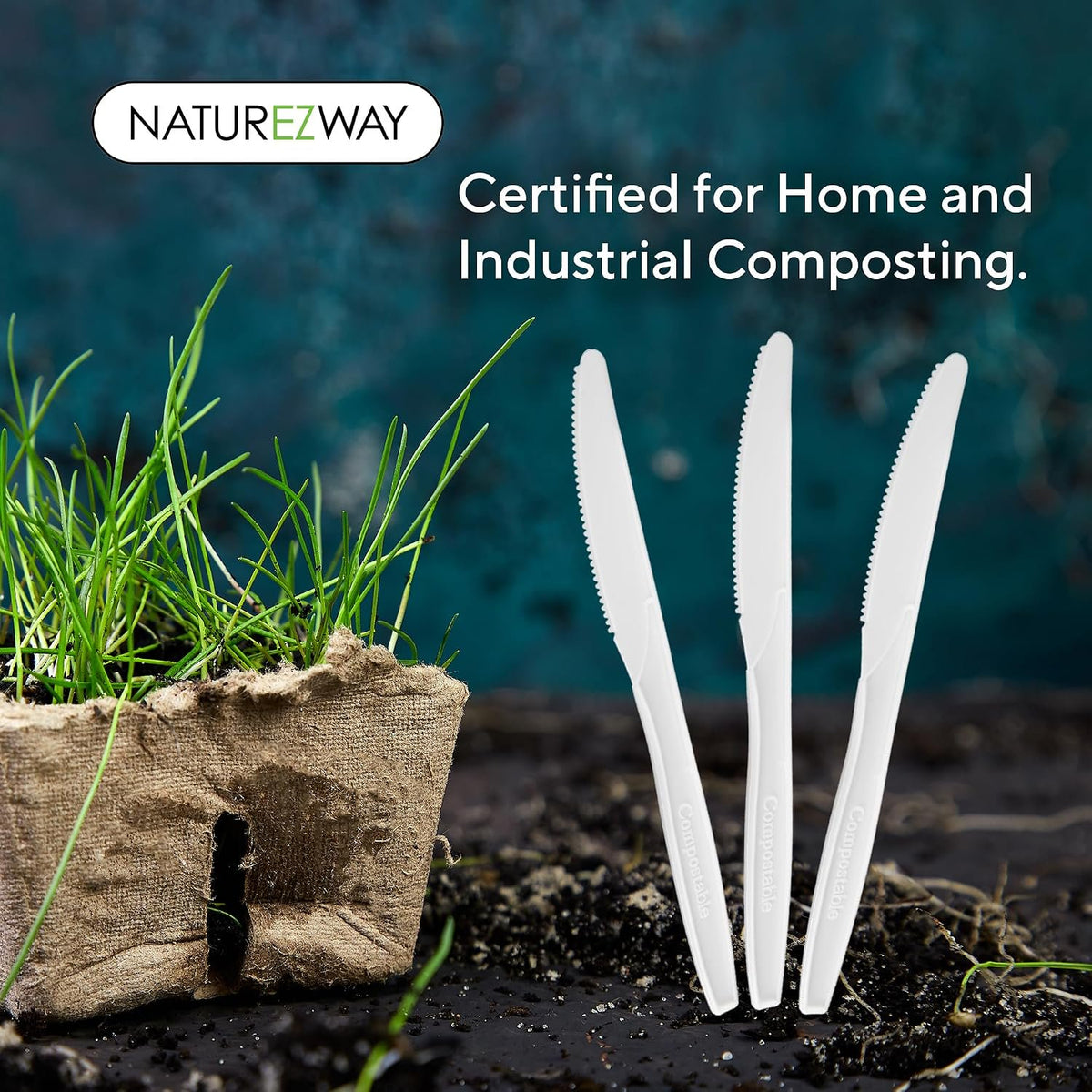 NatureZway 100% Compostable Knives - Pack of 150 - Eco-Friendly Disposable Cutlery, Sturdy & Durable, Utensils for Parties, Picnics, and Everyday Use, Tree Free, Heat-Resistant