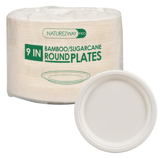 NatureZway 125 Pack 6" Bamboo Sugarcane Round Plates - Compostable, Leak-Proof, Heavy-Duty, Microwave Safe