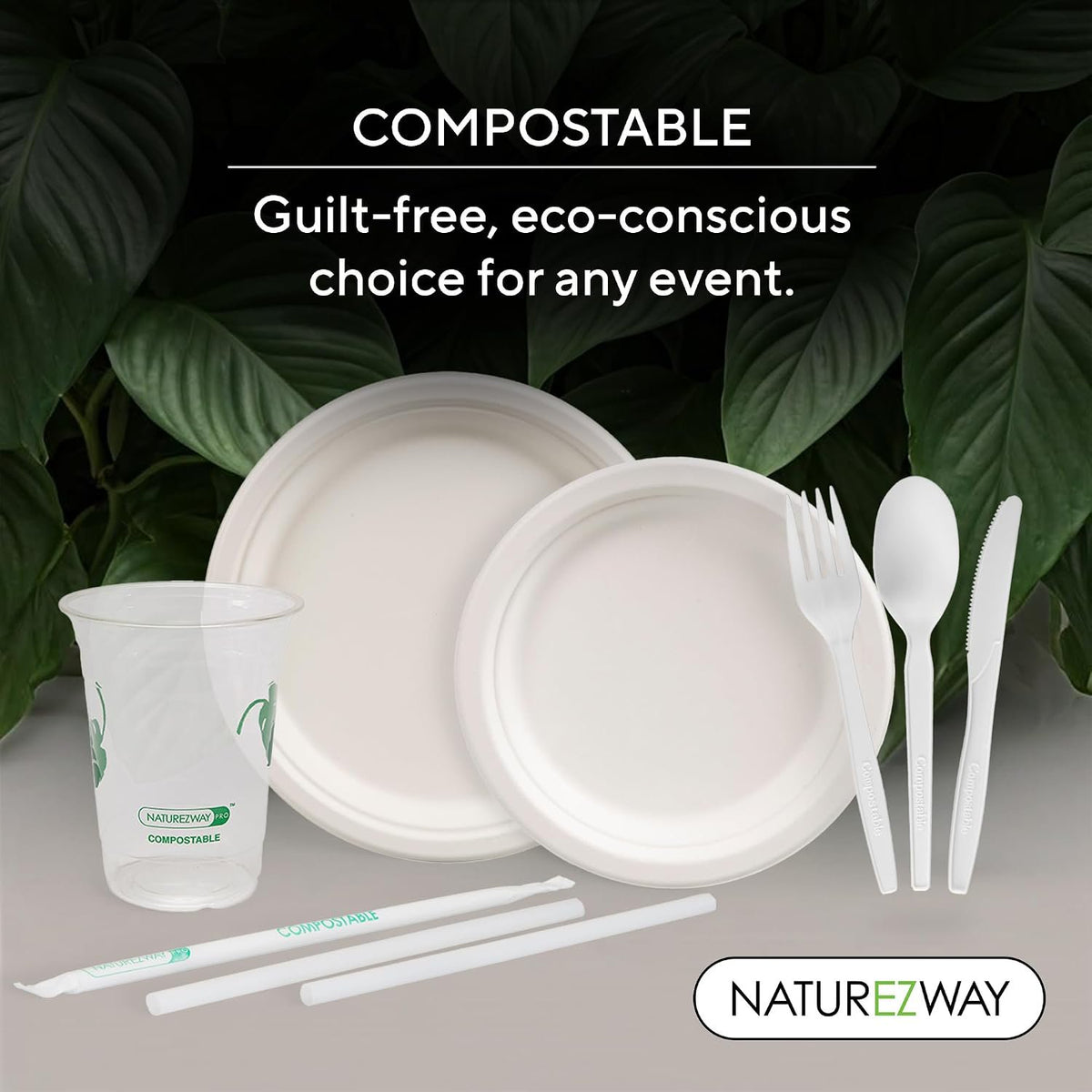 NatureZway Compostable Bamboo Dinnerware, 350 Pieces - Eco-Friendly & 100% Natural Disposable Plates, Utensils & Cups for Parties, Weddings & Birthdays, Sturdy, Sustainable, and Stylish