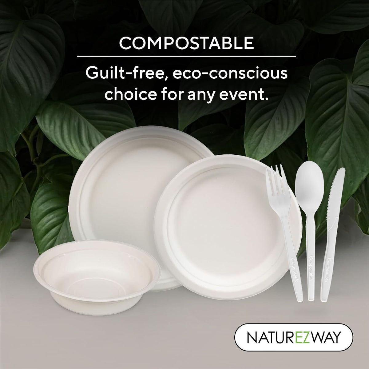 NatureZway 300-Piece Compostable Bamboo Dinnerware Set - Eco-Friendly Plates, Bowls, Cups & Utensils for Weddings, Parties & Events
