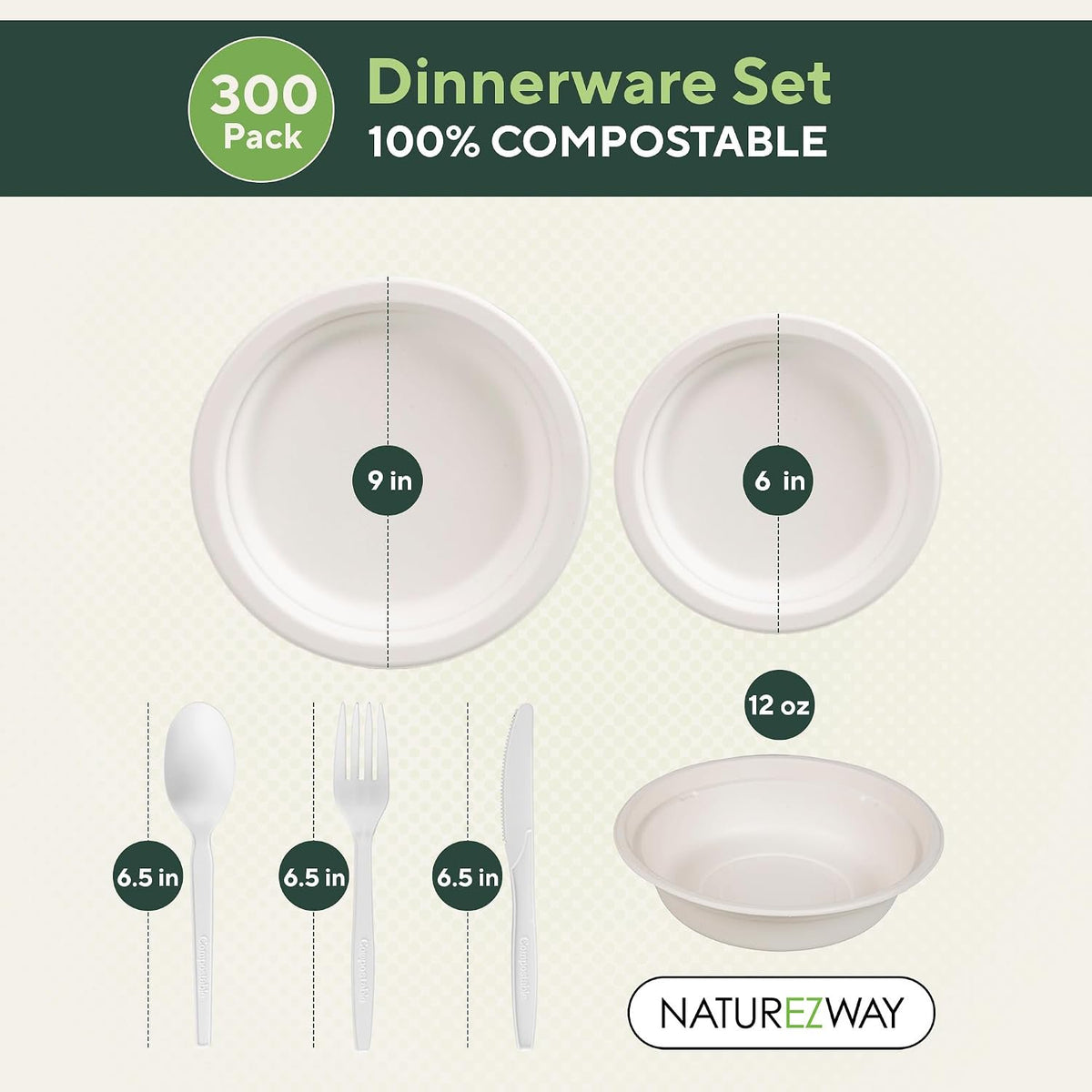 NatureZway 300-Piece Compostable Bamboo Dinnerware Set - Eco-Friendly Plates, Bowls, Cups & Utensils for Weddings, Parties & Events