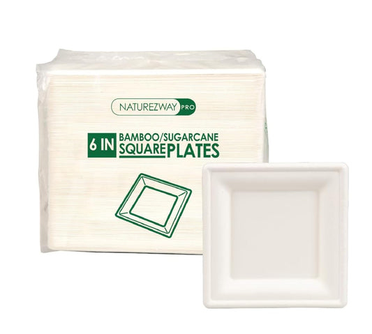 NatureZway 6" Bamboo & Sugarcane Square Plates - Freezer, Microwave Safe and Heat Resistant (125 Pack)