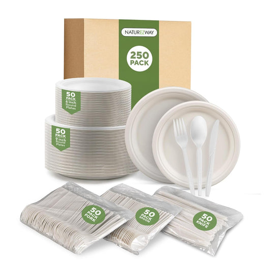 NatureZway Compostable Bamboo Paper Plates, 250 Pieces - Eco-Friendly Plates and Utensils for Parties, Weddings & Events, Sturdy, Stylish