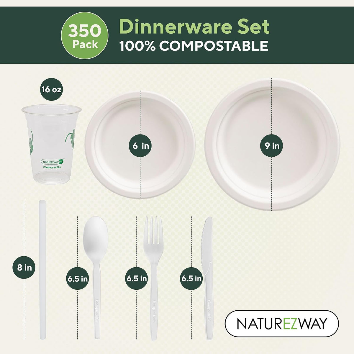 NatureZway Compostable Bamboo Dinnerware, 350 Pieces - Eco-Friendly & 100% Natural Disposable Plates, Utensils & Cups for Parties, Weddings & Birthdays, Sturdy, Sustainable, and Stylish