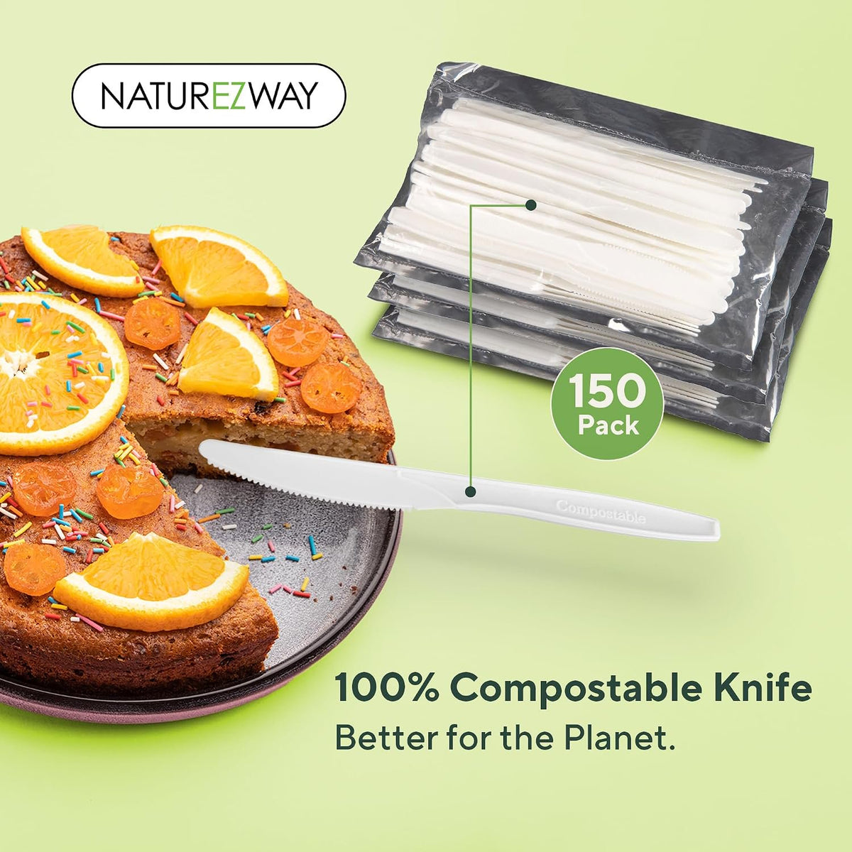 NatureZway 100% Compostable Knives - Pack of 150 - Eco-Friendly Disposable Cutlery, Sturdy & Durable, Utensils for Parties, Picnics, and Everyday Use, Tree Free, Heat-Resistant