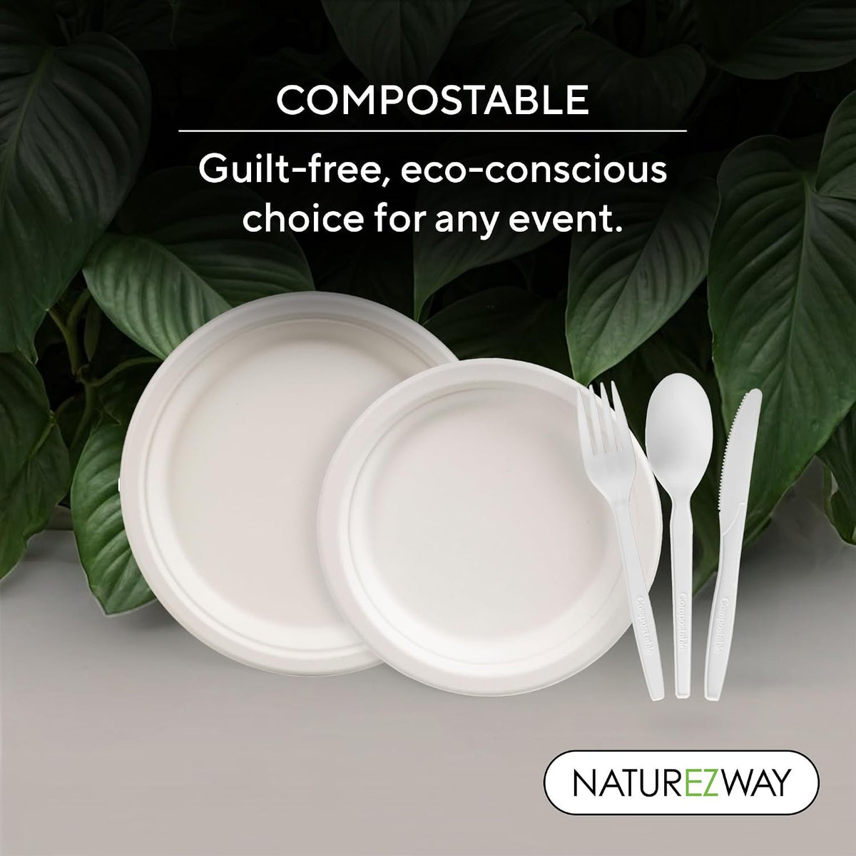NatureZway Compostable Bamboo Paper Plates, 250 Pieces - Eco-Friendly Plates and Utensils for Parties, Weddings & Events, Sturdy, Stylish