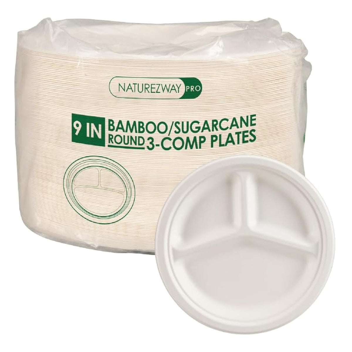 NatureZway 125 Pack 6" Bamboo Sugarcane Round Plates - Compostable, Leak-Proof, Heavy-Duty, Microwave Safe