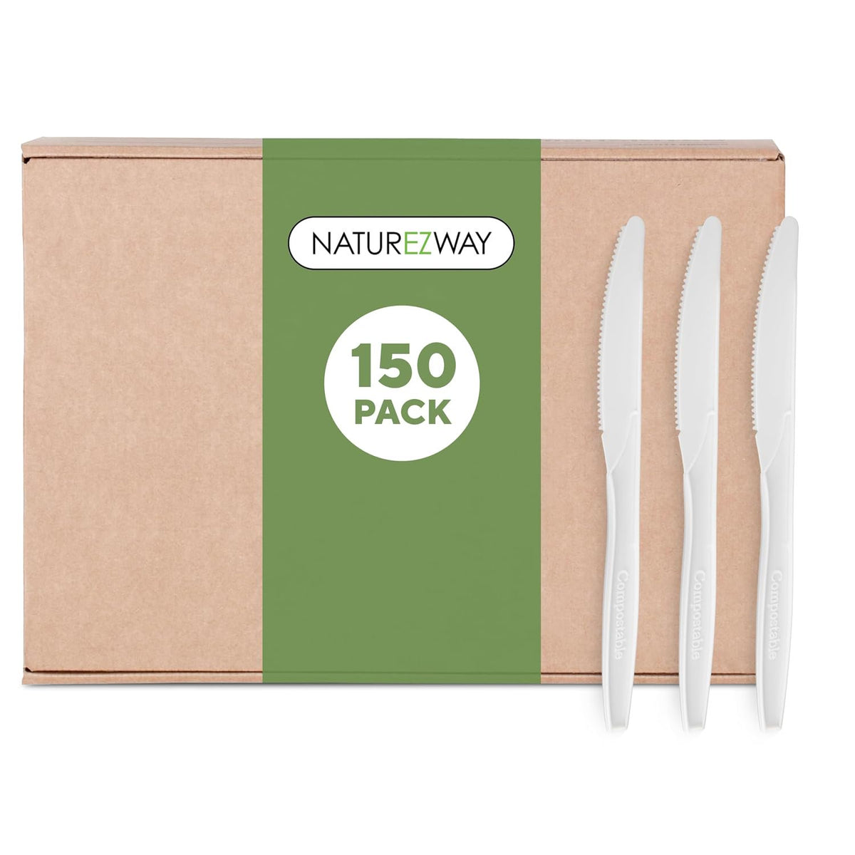 NatureZway 100% Compostable Knives - Pack of 150 - Eco-Friendly Disposable Cutlery, Sturdy & Durable, Utensils for Parties, Picnics, and Everyday Use, Tree Free, Heat-Resistant